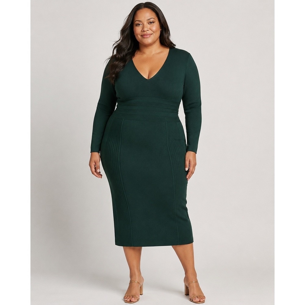 Good American Low Down Emerald Green Bodycon Knit Midi Dress Size 7 4X V Neck